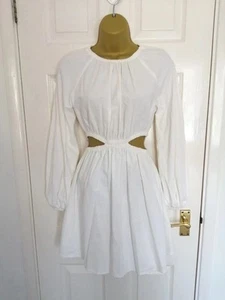 BNWT BERSHKA Size XS (UK 6) Ivory White Cotton Cut Out Dress Long Sleeve Lined - Picture 1 of 9