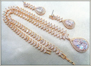 14K Italian Yellow Gold filled Glamour zircon Necklace Earring Set - Picture 1 of 6