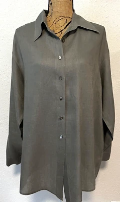 ISDA & Co Women's L 100% Linen Tunic Blouse Gray Green Long Slv Button Up Collar - Image 1 of 4