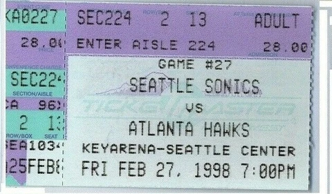 1997-98 Seattle Super Sonics v ATLANTA HAWKS ~ GAME USED Ticket Stub 2/27/98 Cover