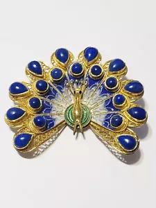 Spilla pavone vintage .925 argento sterling smaltato con lapislazzuli originali - Foto 1 di 15