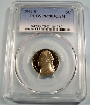 1999-S 5c PCGS PR70DCAM JEFFERSON NICKEL PROOF DEEP CAMEO PR 70 DC - Image 1 of 3