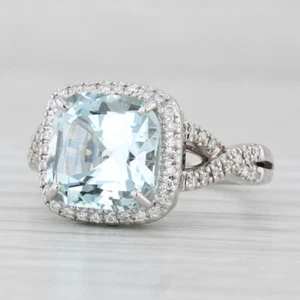 3.55ctw Aguamarina Anillo Diamante Halo 14k Oro Blanco Floral Puente Tamaño 6.25 - Imagen 1 de 10