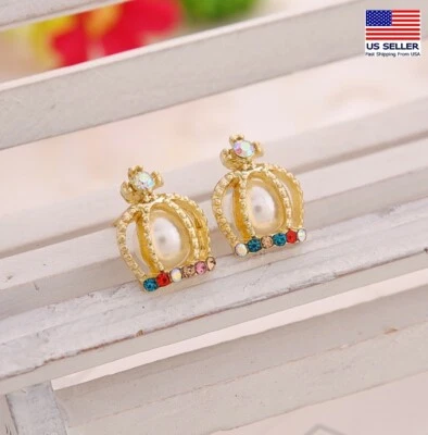 Moda Mujeres Retro Cristal Joyería Pendientes Color Corona Perla Estilo Tachuela 1075 Foto 1 de 4