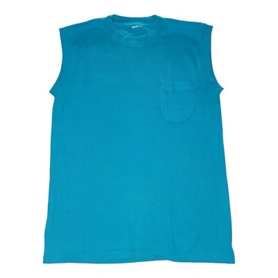 Vintage 70s 80s Teal Blue Blank Pocket T Shirt Sleeveless Tank Top Single Stitch - Image 1 of 4