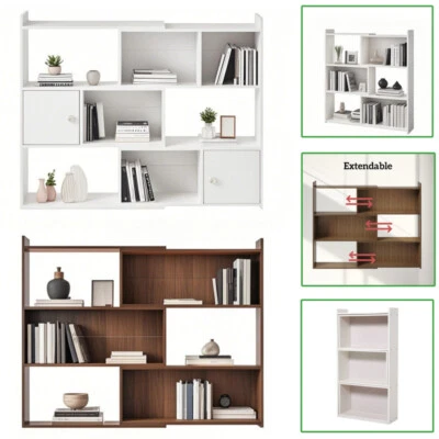 Wooden Shelf Bookcase Shelving 4 Tier Display Storage Unit Stand Stretchable - Image 1 of 4