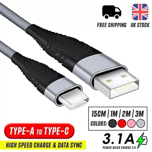 USB A to Type C Cable 3A Fast Charger Nylon Braided Long Lead 15CM 1M 2M - Picture 1 of 15