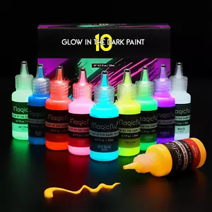 Magicfly Acrylic Glow in The Dark Paint, 10 Bright Colours Liquid Luminous Neon - Picture 1 of 9