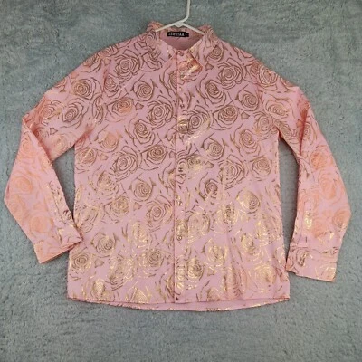 Camisa Zeroyaa Para Hombres Grande Oro Rosa Floral Club Nocturno Rosa Cuello Abotonado Foto 1 de 4