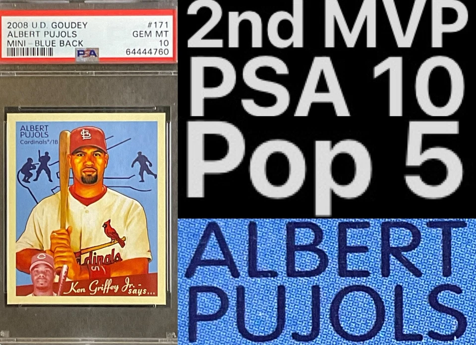Pop 5 PSA 10 2008 Goudey Albert Pujols Blue 2nd MVP UD Mini Ken Griffey Jr Says - Image 1 of 3
