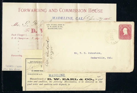 STATIONARY - DW EARLE CO. - POSTED 1905 MADELINE CA TO CEDARVILLE CA - DOANE Cover