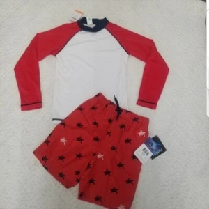 New with Tags boys size 7 red/white/navy accent swim rash guard and swim Trunks - Picture 1 of 6