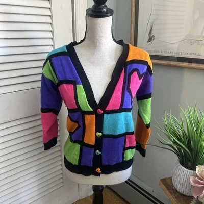 Vintage JET SET SUÉTERES Mujer Pequeño Colorido Cárdigan Retro Años 80 Preppy Informal Foto 1 de 4