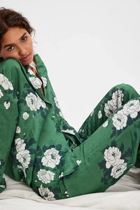 Free People Intimately Pretty Please PJ Set Pajamas Green Floral Long ($128)  XS - Picture 1 of 7