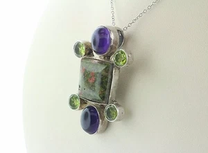Handcrafted Artisan Sterling Silver 925 Unakite, Peridot, Purple Stone Pendant - Picture 1 of 7