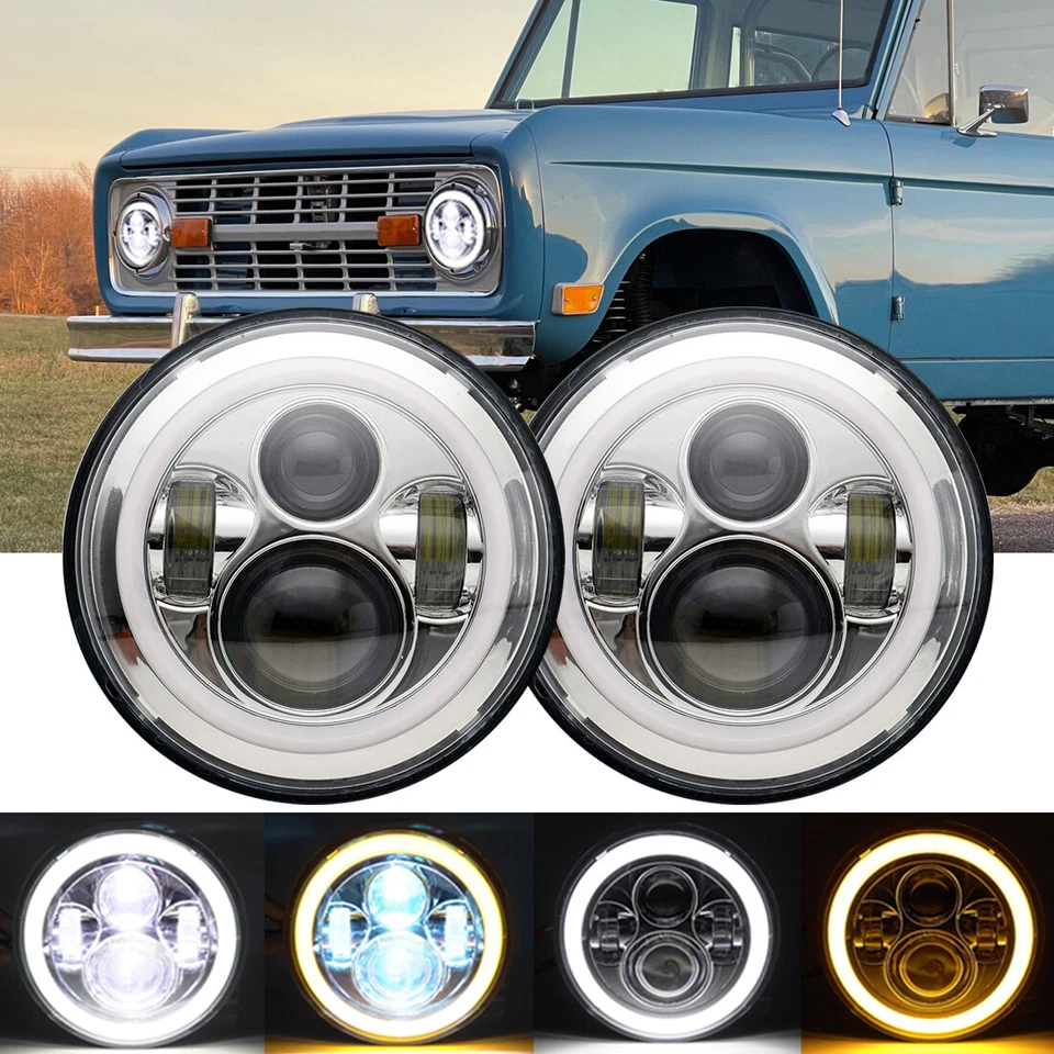 Par de faros LED cromados de 7 pulgadas haz sellado alto/bajo DRL para Ford Bronco 1966-1979 Foto 1 de 4