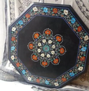 2' Black Marble Coffee Corner Center Table Top Inlay antique Malachite Gg5 - Picture 1 of 4