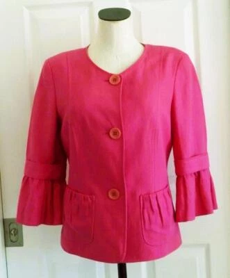 Lafayette 148 Linen Hot Fuchsia Feminine Ruffle 3/4 Slv Blazer Jacket 8 $800 EUC - Image 1 of 4