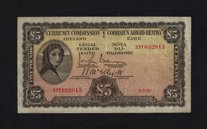 Ireland Republic Eire 5 Pounds 1939 P-3B VF+  - Picture 1 of 2