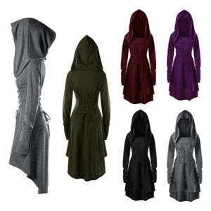 Halloween Ladies Gothic Punk Cosplay Hooded Cloak Cape Witch Swing Fancy Dress - Picture 1 of 16