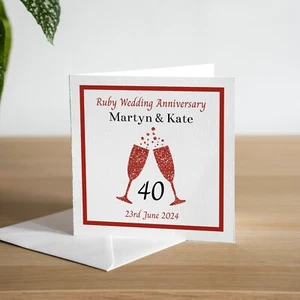 Tarjeta personalizada 40 aniversario de boda rubí copa de champán esposo esposa - Imagen 1 de 3
