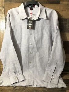 Prestige Pd Gray Shirt Mens Large Button Up Long Sleeve 100% Linen NWT - Picture 1 of 12
