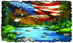 RV Camper Graphics Mountain Lake Scene with American Flag and Soaring  48" Decal - Picture 1 of 1