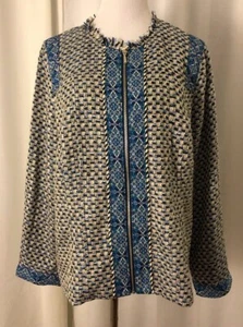 NWT Chico's Blue Tweed Contrast Print Jacket Size 3 (16/XL) Full Zip Raw Edge - Picture 1 of 12