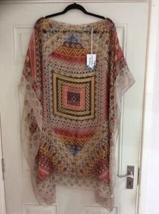 New Made in Italy Lagenlook Tile Print Multi Silk Kaftan Top - One Size BNWT - Picture 1 of 9