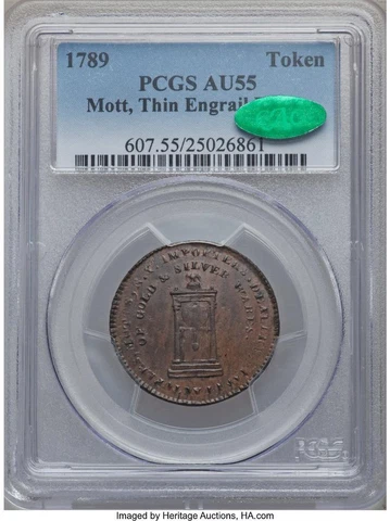 1789 Mott Token ** PCGS AU55 CAC **  "Thin Planchet -Engrailed Edge"  Very Rare! Cover
