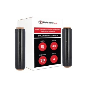 4 Rolls 15" x 1476' 30 Gauge Plastic Film Pre Stretch Hand Shrink Wrap Black - Picture 1 of 6