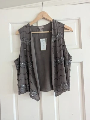 NEW! Chicos Embellished Jewled Luna Vest Solid Texas Taupe Womens Size 1 medium  - Image 1 of 4