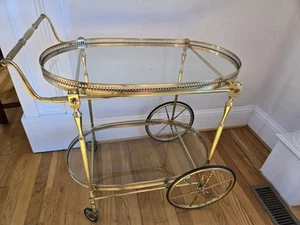 VTG Brass Italian Neoclassical 2 Tier Bar Cart Oval Glass Style of Maison Jansen - Picture 1 of 14