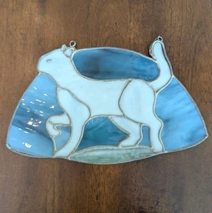 Stained Glass Cat Kitty Suncatcher Hanging Window Decor Vintage Art Blue White - Picture 1 of 7