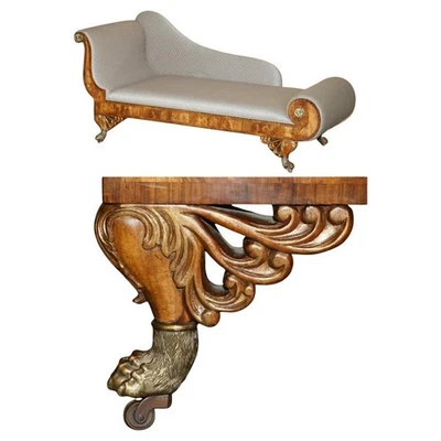 HAND CARVED FLAMED MAHOGANY GOLD GILT BRASS LIONS PAW FEET REGENCY CHAISE LOUNGE - Image 1 of 4
