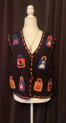 Vintage Mandal Bay Halloween Knit Sweater Vest M  Novelty Cat Ghost Button Up - Image 1 of 4