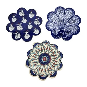 Selvi El Sanatlari Ceramic Turkish Blue & White Trivet Set Of 3 Flower Shaped - Picture 1 of 6