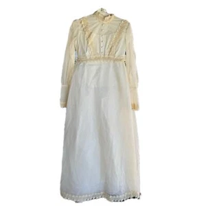 Vintage Handmade Ivory Edwardian Prairie Dotted Swiss and Lace Wedding Dress S - Picture 1 of 21