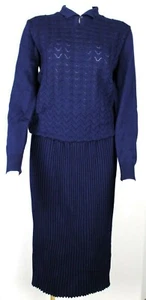 VTG Stefanel Navy Blue 2pc Wool Crochet Sweater & Accordian Pleat Skirt 14 16 - Picture 1 of 8