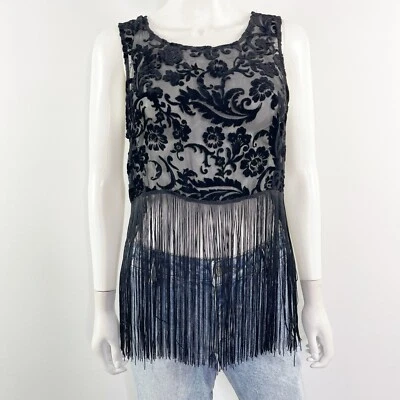 Top Forever 21 Negro Terciopelo Flecos Transparentes Talla M Gótico Boho Festival Hippie Foto 1 de 4