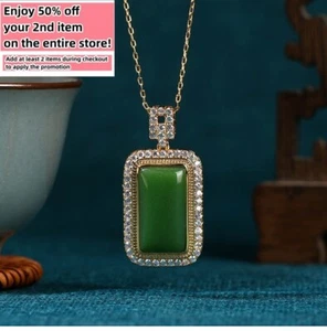 Green Jade Crystal Pendant Necklace Charm 18K Gold Plated Chain Dainty Gemstone - Picture 1 of 7