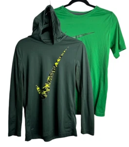 Lot of 2 Nike XL Boys Dri Fit Green Long Sleeve Hood Short Sleeve Shirt Swoop - Picture 1 of 16