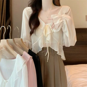 Lady Ruffle Chiffon Blouse Cropped Shawl Shirt Lace Up Cardigan Thin See Through - Picture 1 of 18