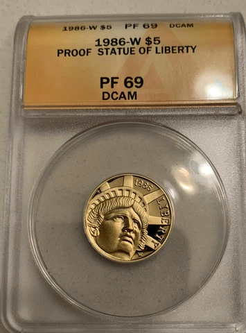 GOLD 1986-W Statue Of Liberty US $5 ANACS PF69DCAM PF-69DCAM PROOF; 1/4 Ounce Oz Cover
