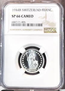 1944 SWITZERLAND SILVER 1 FRANC NGC SP 66 CAMEO EXTREMELY RARE TOP POP 1 CAMEO - Picture 1 of 3