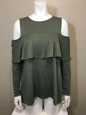 Blusa delgada manga larga con volantes verde oliva hombro frío grande KENSIE Foto 1 de 4