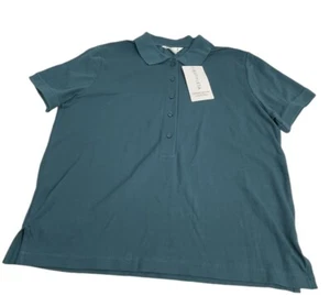NWT Athleta Womens Pique Short Sleeve Polo Shirt L Dark Teal Blue Green - Picture 1 of 10