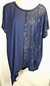 BONPRIX Navy Blue Blouse Sequin Half Crochet & Half Plain Design UK20 EU46 NEW - Picture 1 of 3