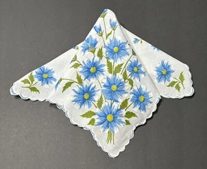 Blue Asters Flowers Vintage Hankie Square Handkerchief Wedding Something Blue - Picture 1 of 5