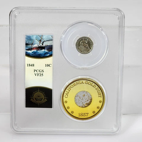 1848 10C PCGS VF25 from S.S. Central America Shipwreck W/ Pinch of Gold Cover